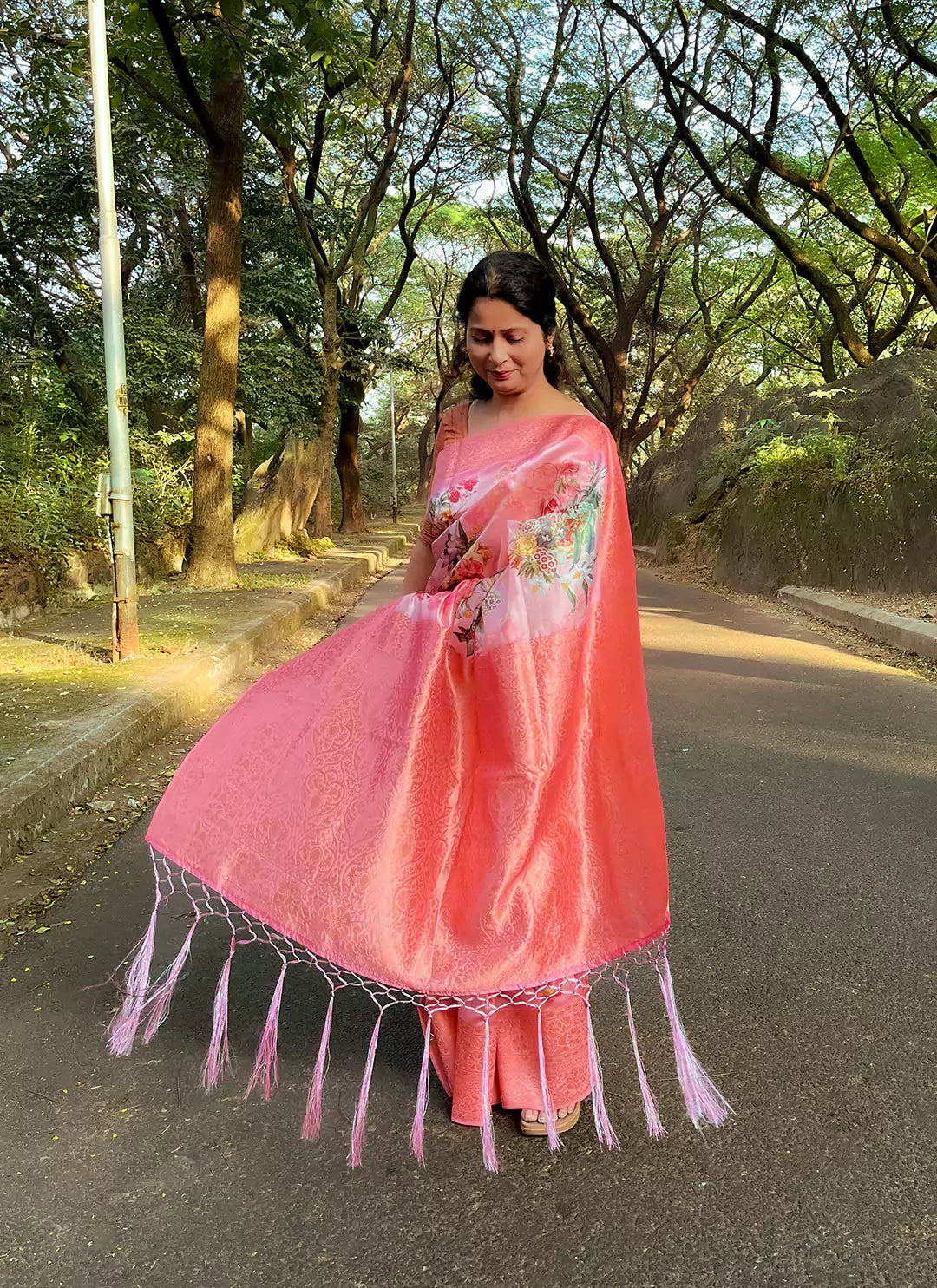 Floral Print Peach Pink Silk Saree With Zari Motifs - TREEVESTO