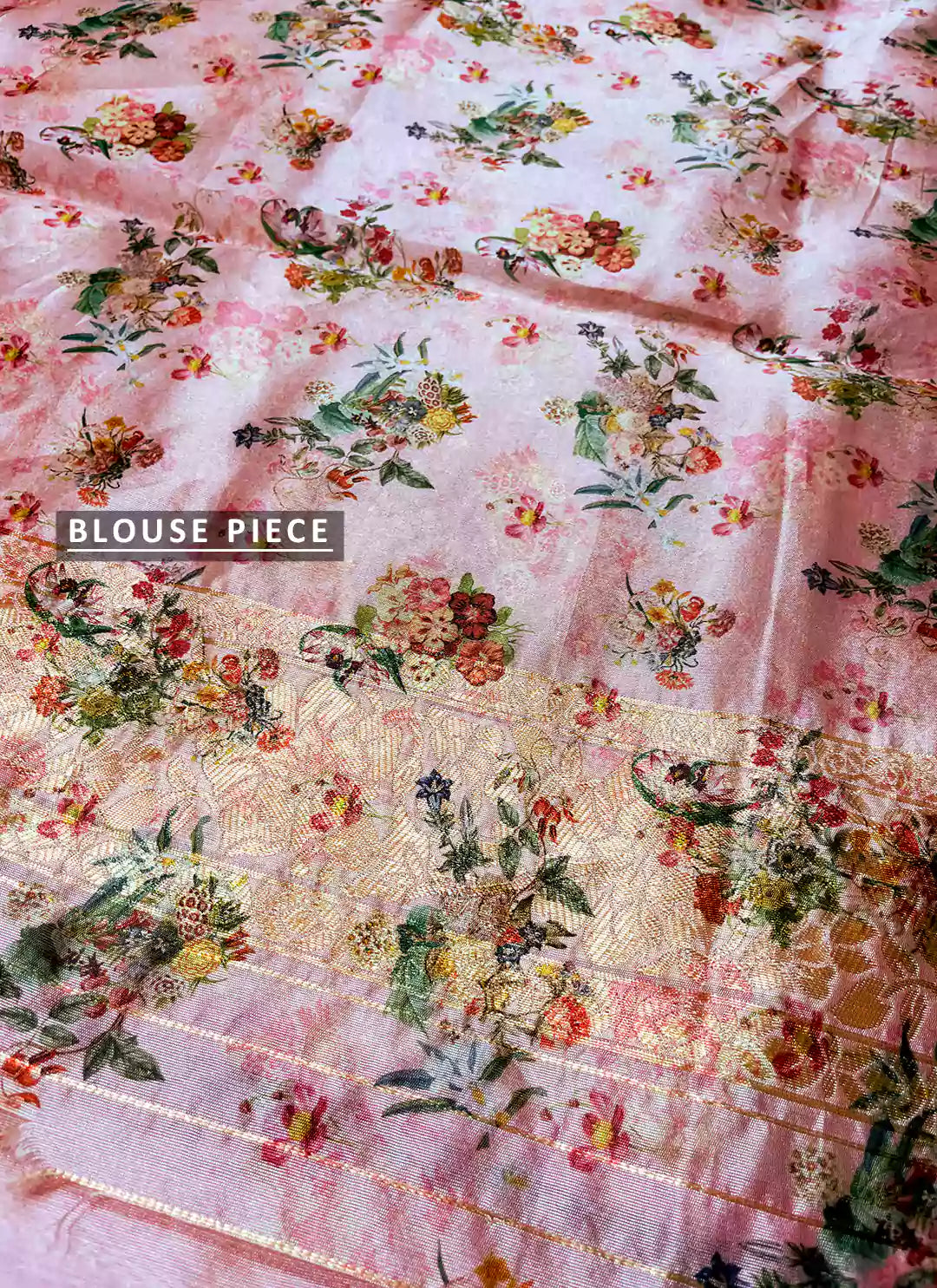 Floral Print Peach Pink Silk Saree With Zari Motifs - TREEVESTO