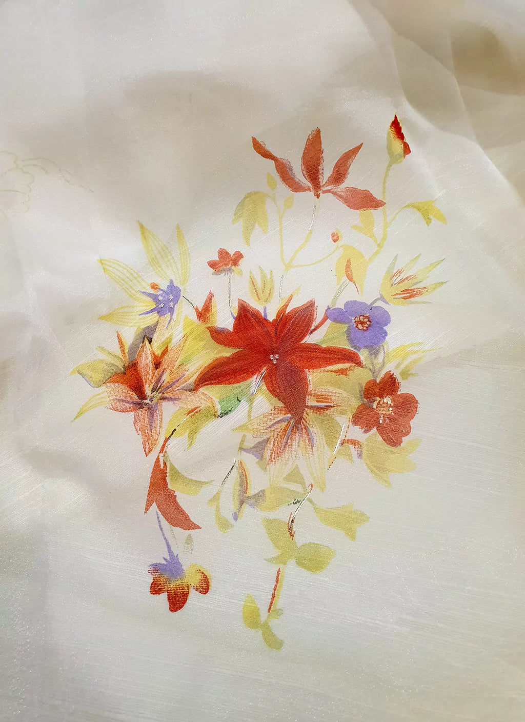 Floral Print Pearl White Organza Saree - TREEVESTO