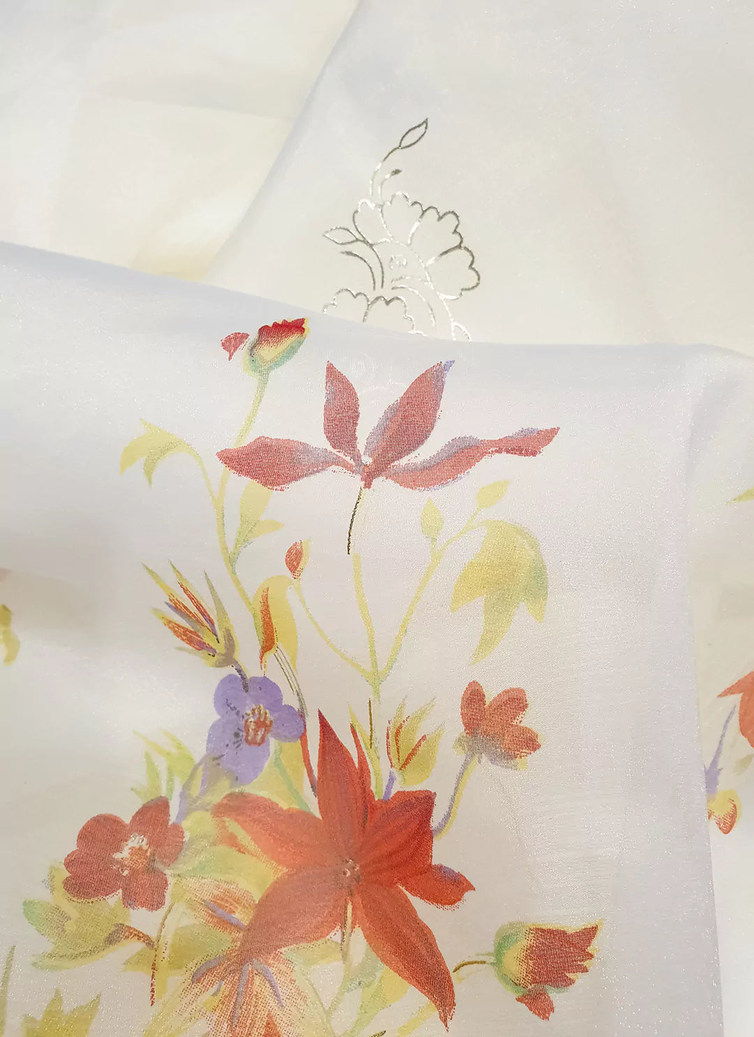 Floral Print Pearl White Organza Saree - TREEVESTO
