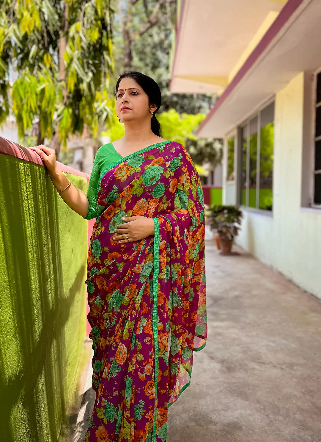 Floral Print Purple Pure Georgette Saree - TREEVESTO