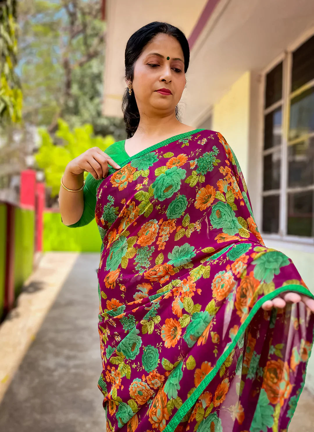 Floral Print Purple Pure Georgette Saree - TREEVESTO