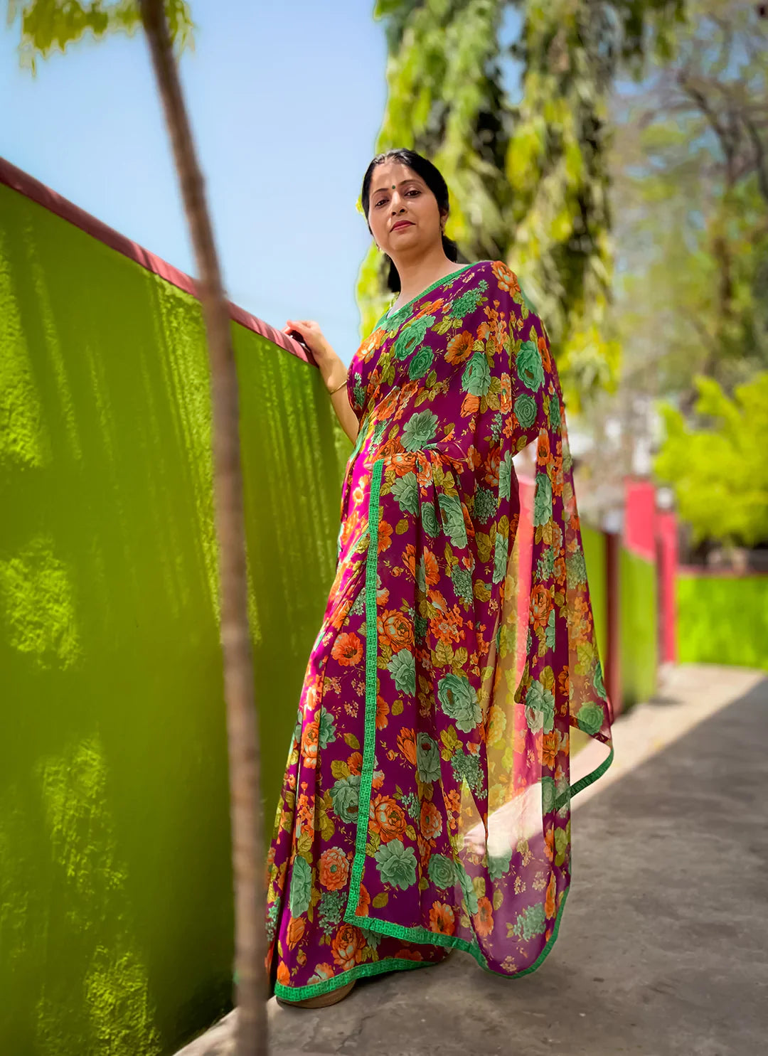Floral Print Purple Pure Georgette Saree - TREEVESTO