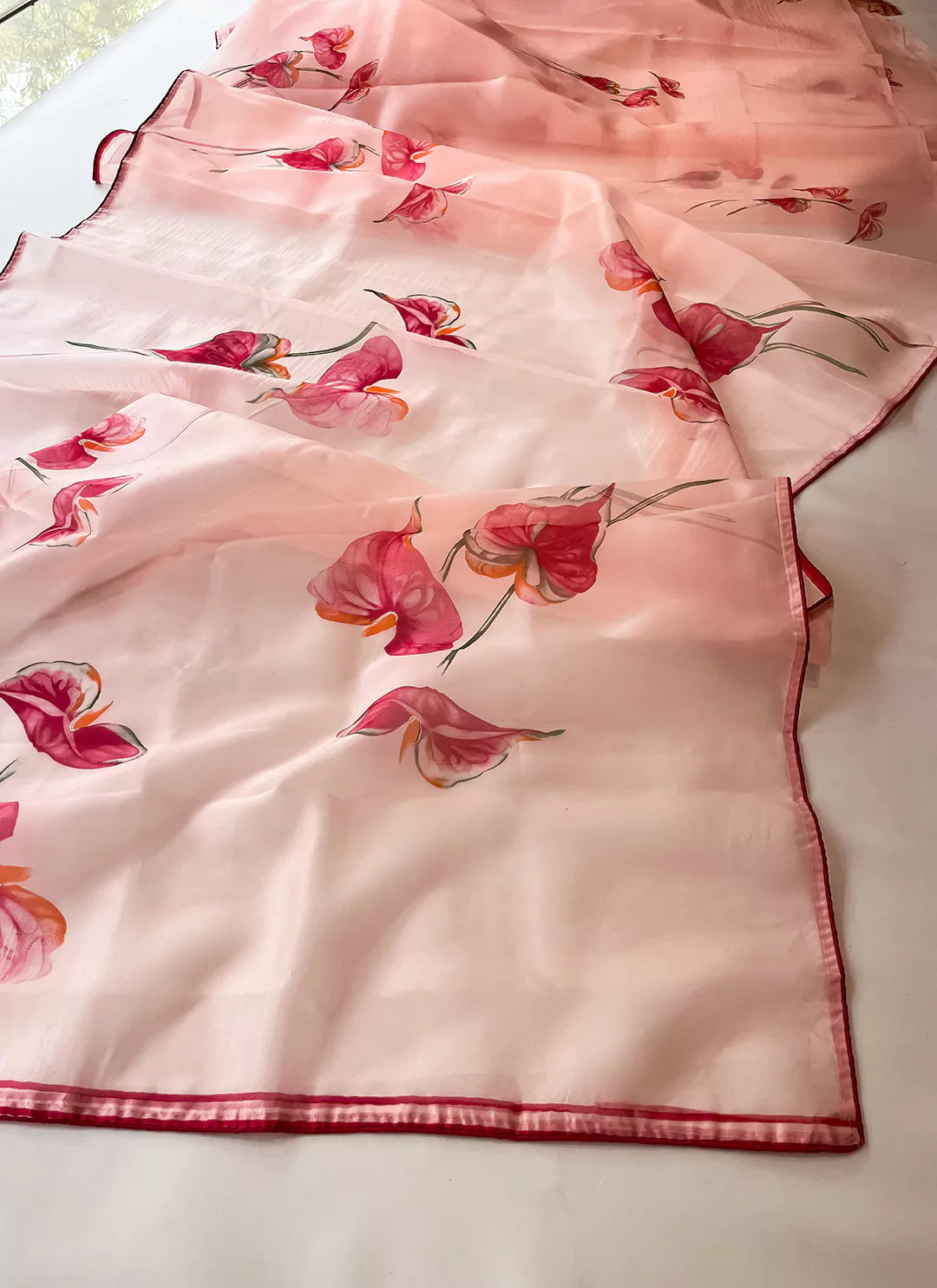 Floral Print Salmon Pink Organza Saree - TREEVESTO