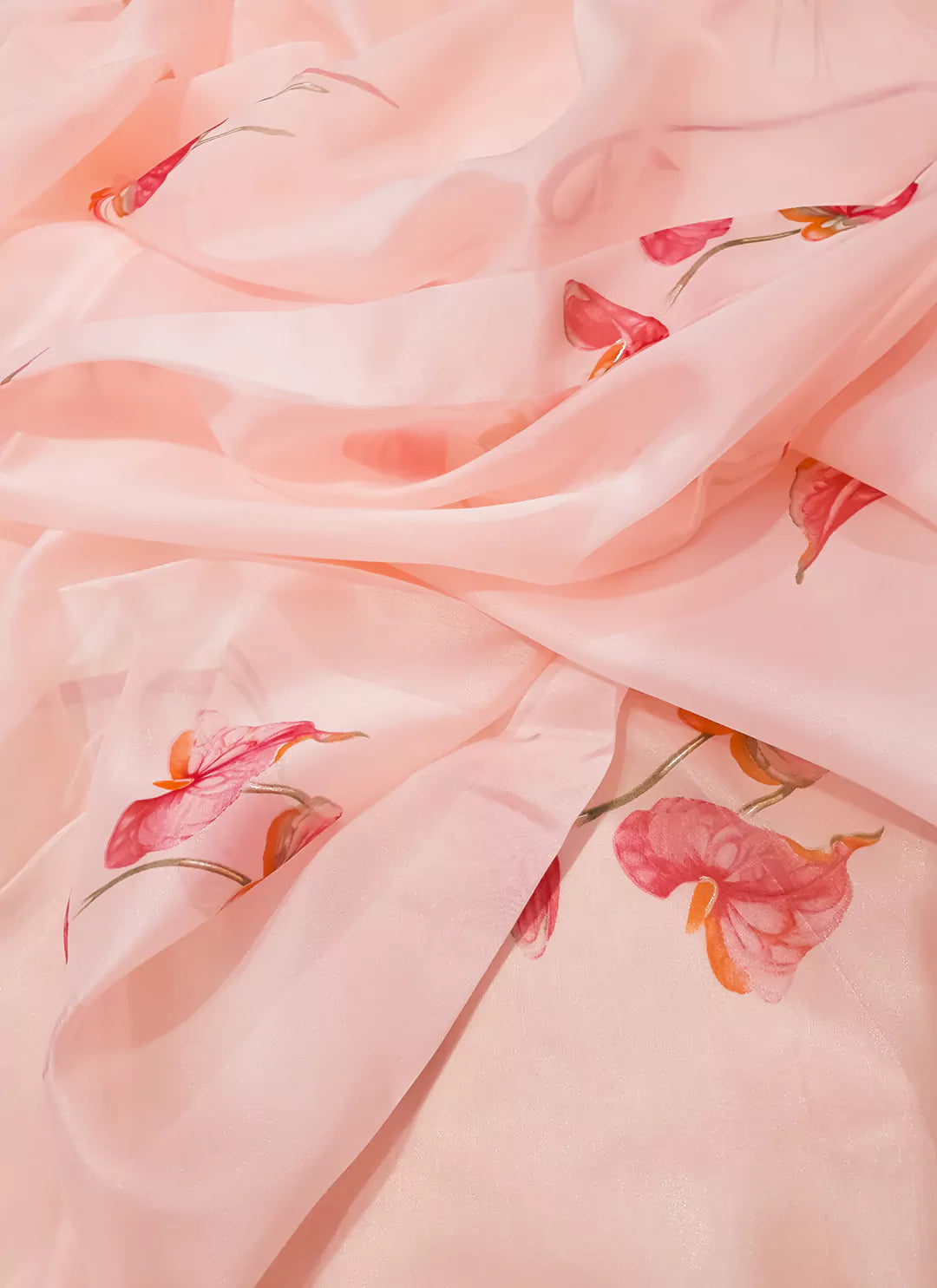 Floral Print Salmon Pink Organza Saree - TREEVESTO
