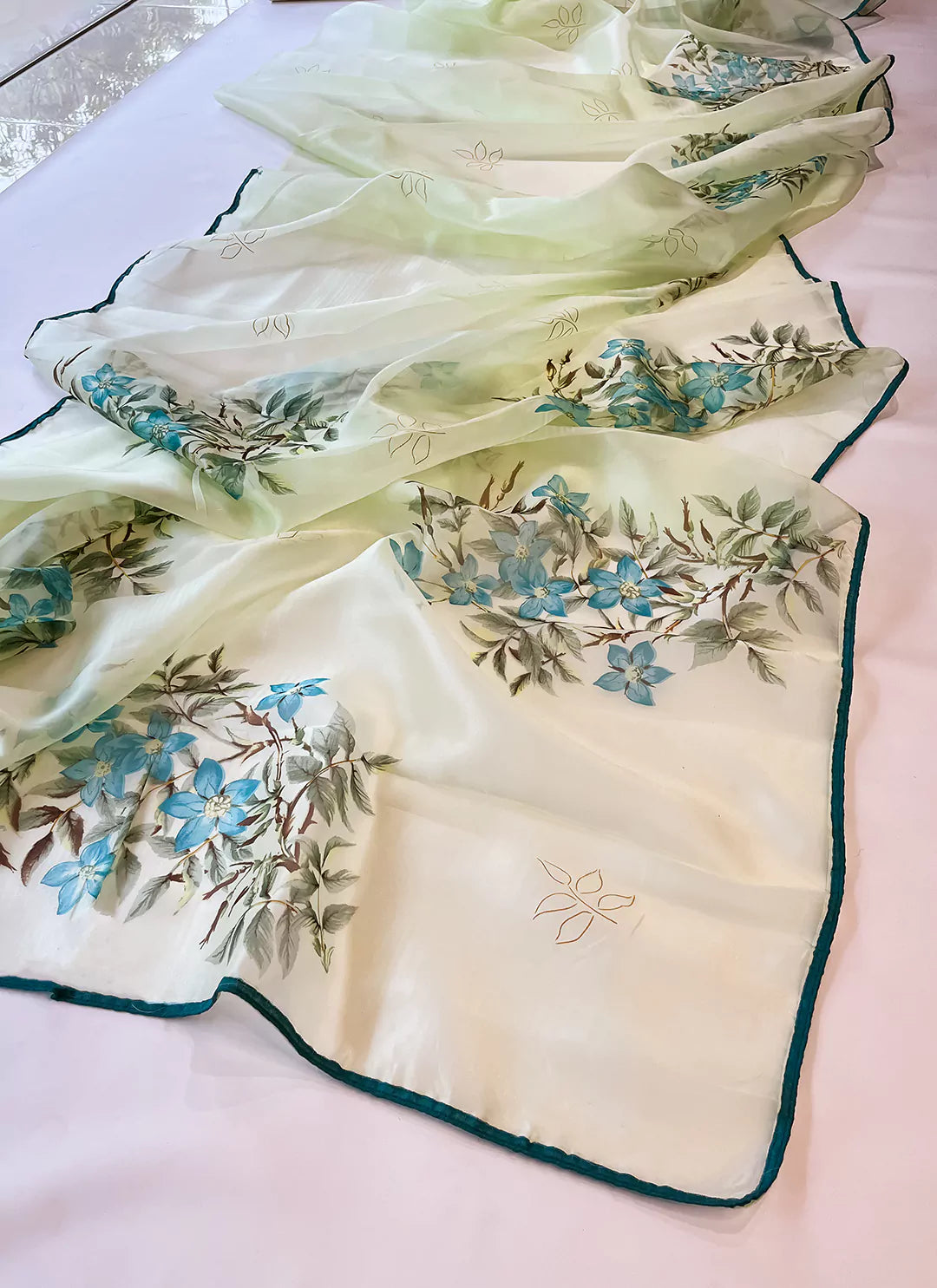 Floral Print Soft Green Organza Saree - TREEVESTO