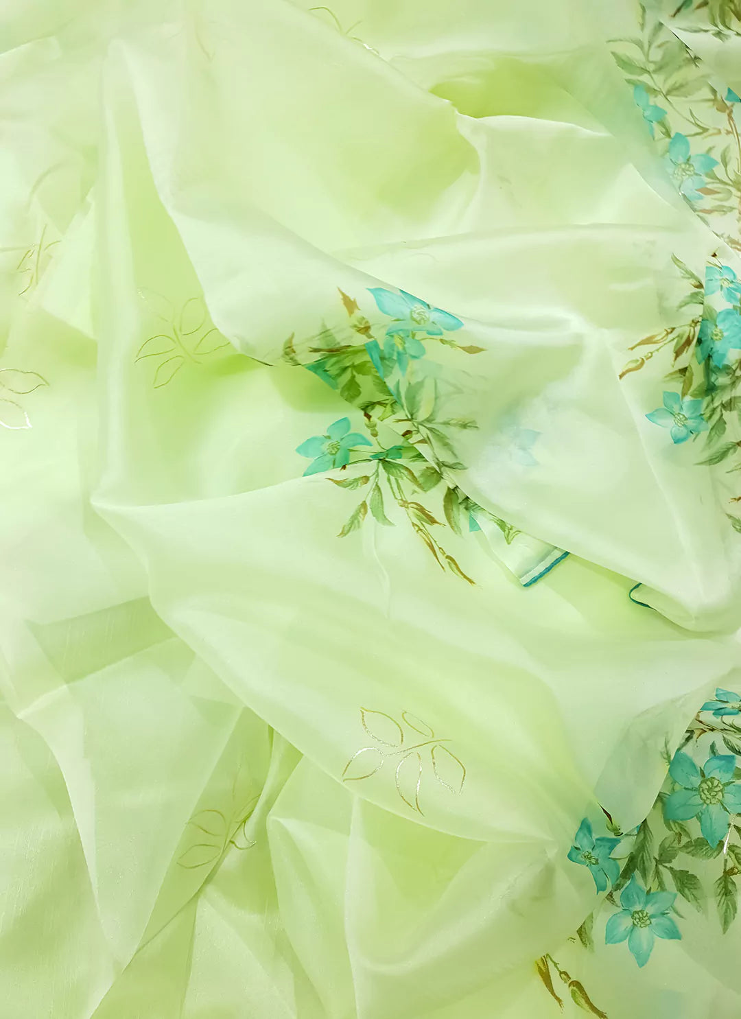 Floral Print Soft Green Organza Saree - TREEVESTO