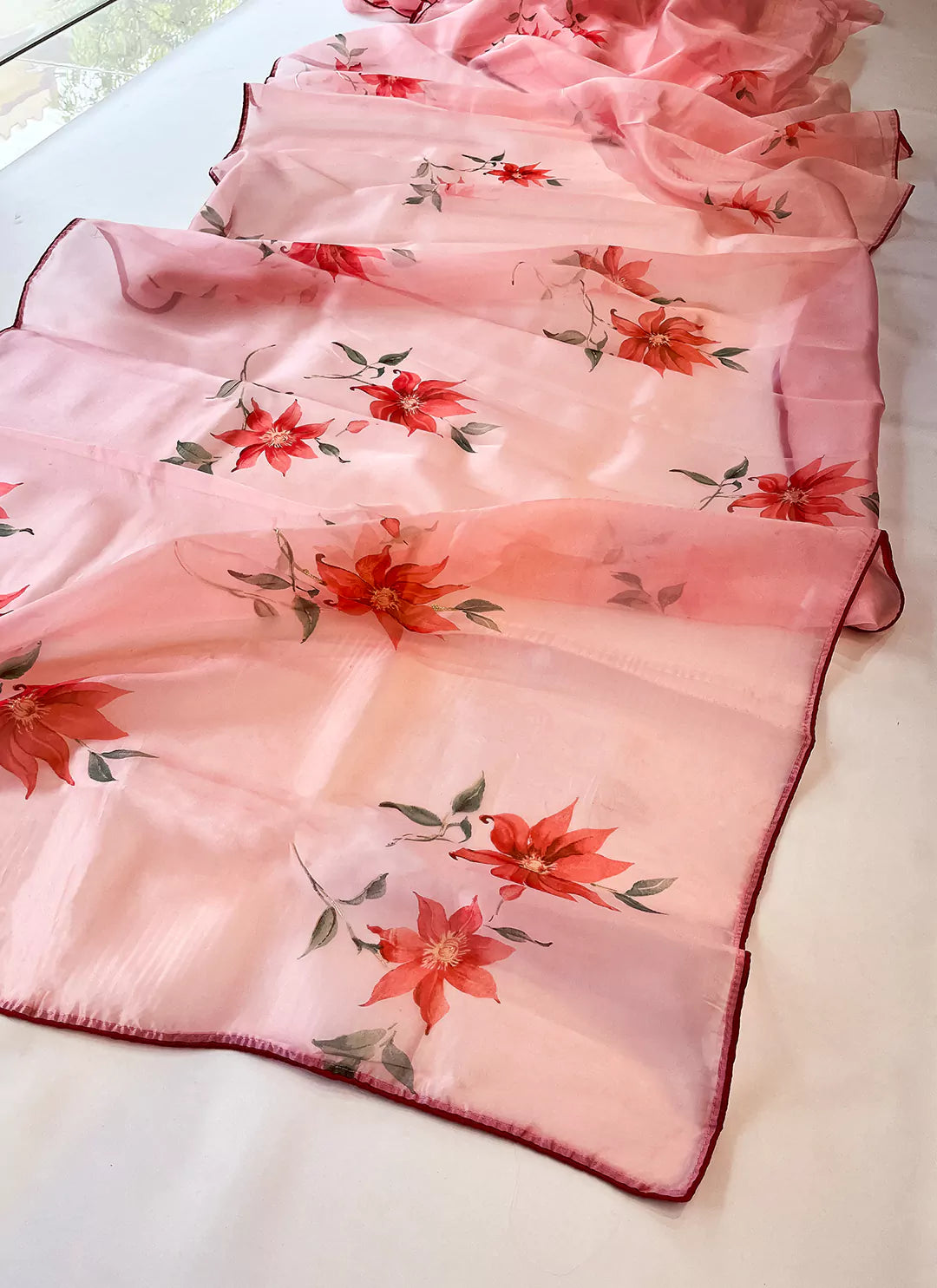 Floral Print Taffy Pink Organza Saree - TREEVESTO