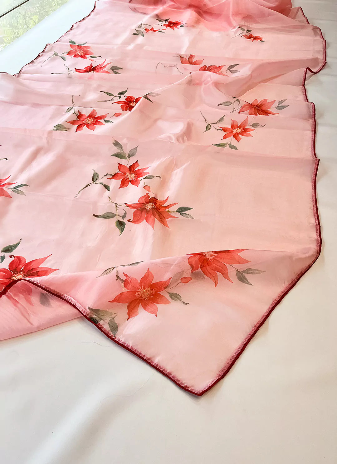 Floral Print Taffy Pink Organza Saree - TREEVESTO