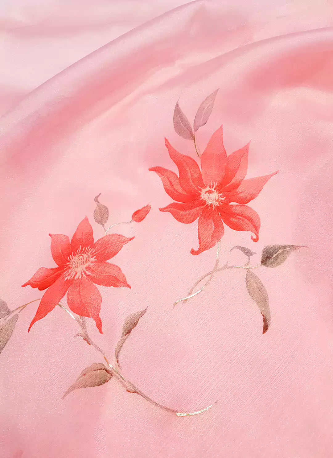 Floral Print Taffy Pink Organza Saree - TREEVESTO