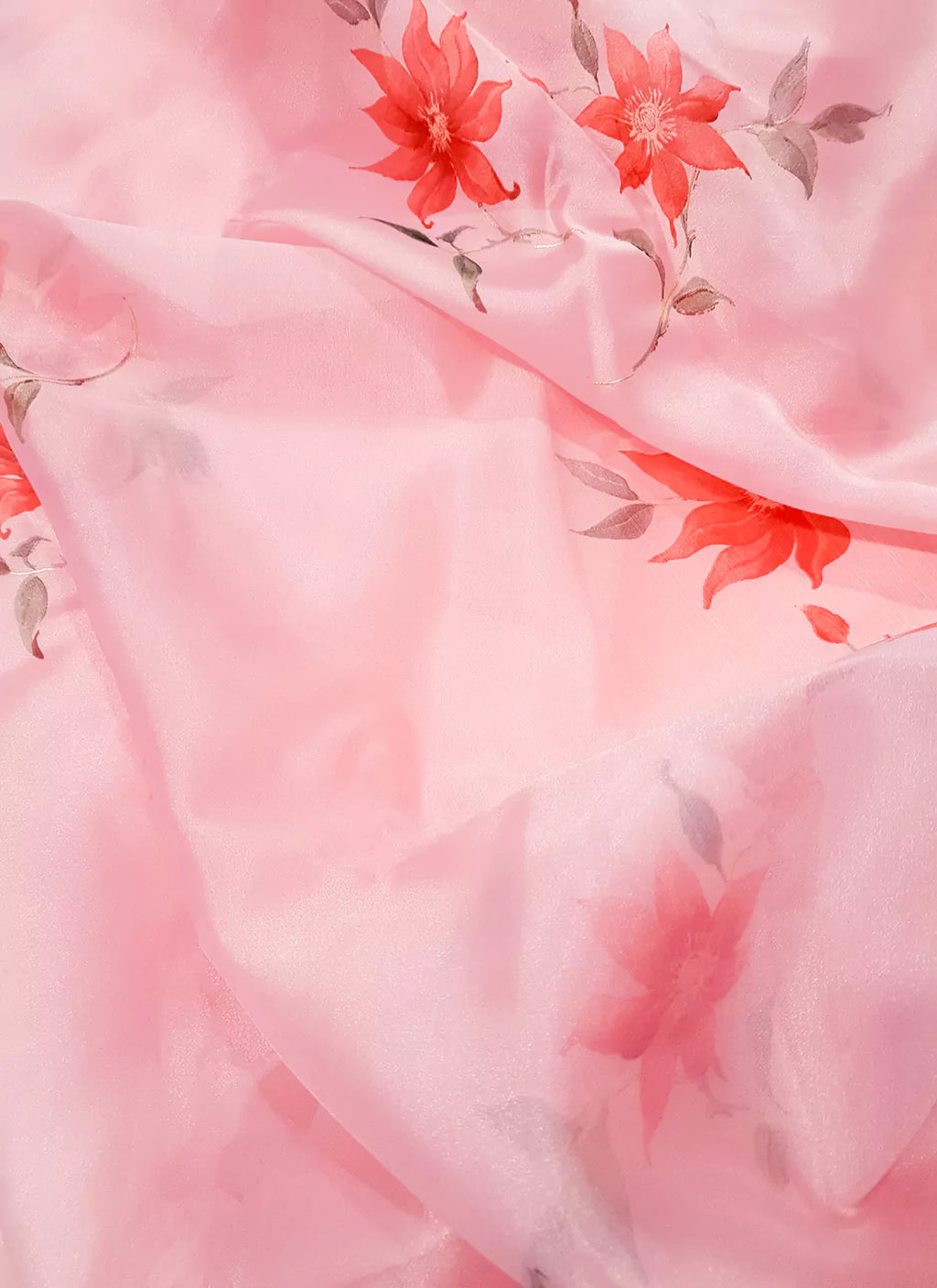 Floral Print Taffy Pink Organza Saree - TREEVESTO