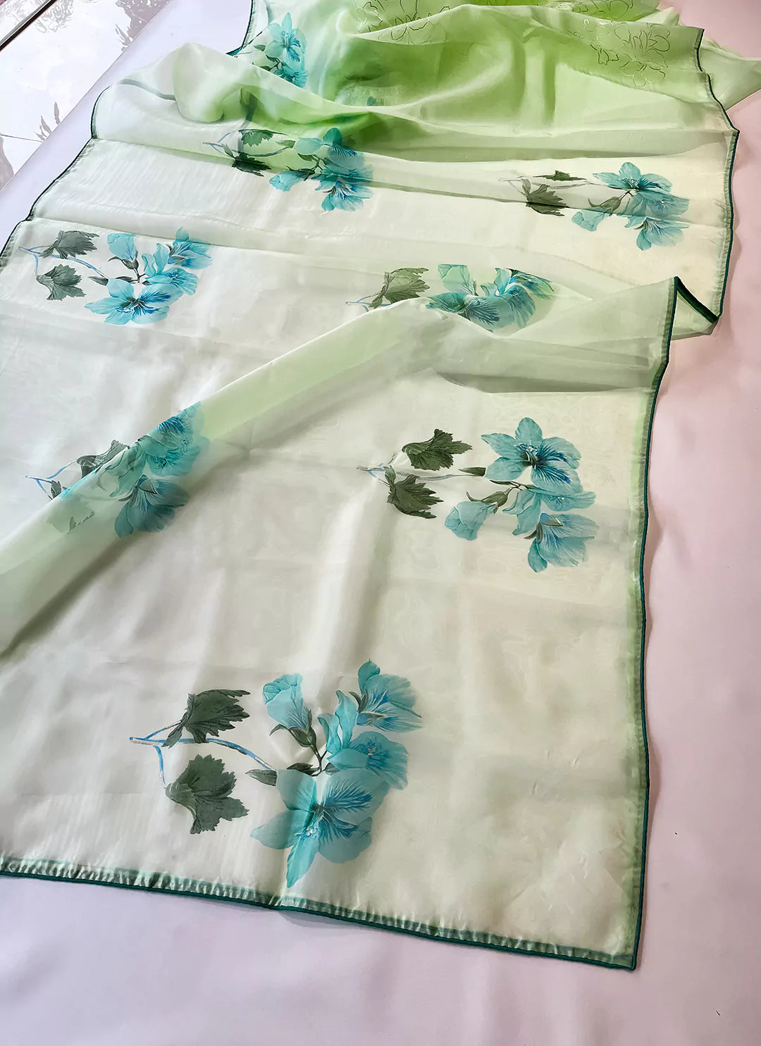 Floral Print Tea Green Organza Saree - TREEVESTO