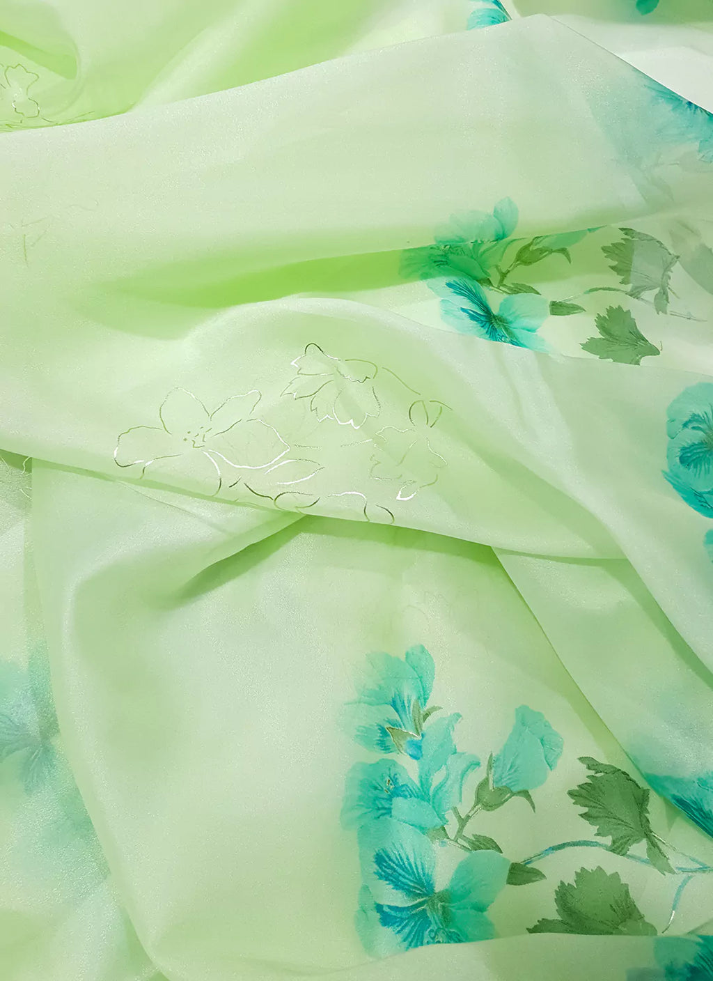 Floral Print Tea Green Organza Saree - TREEVESTO