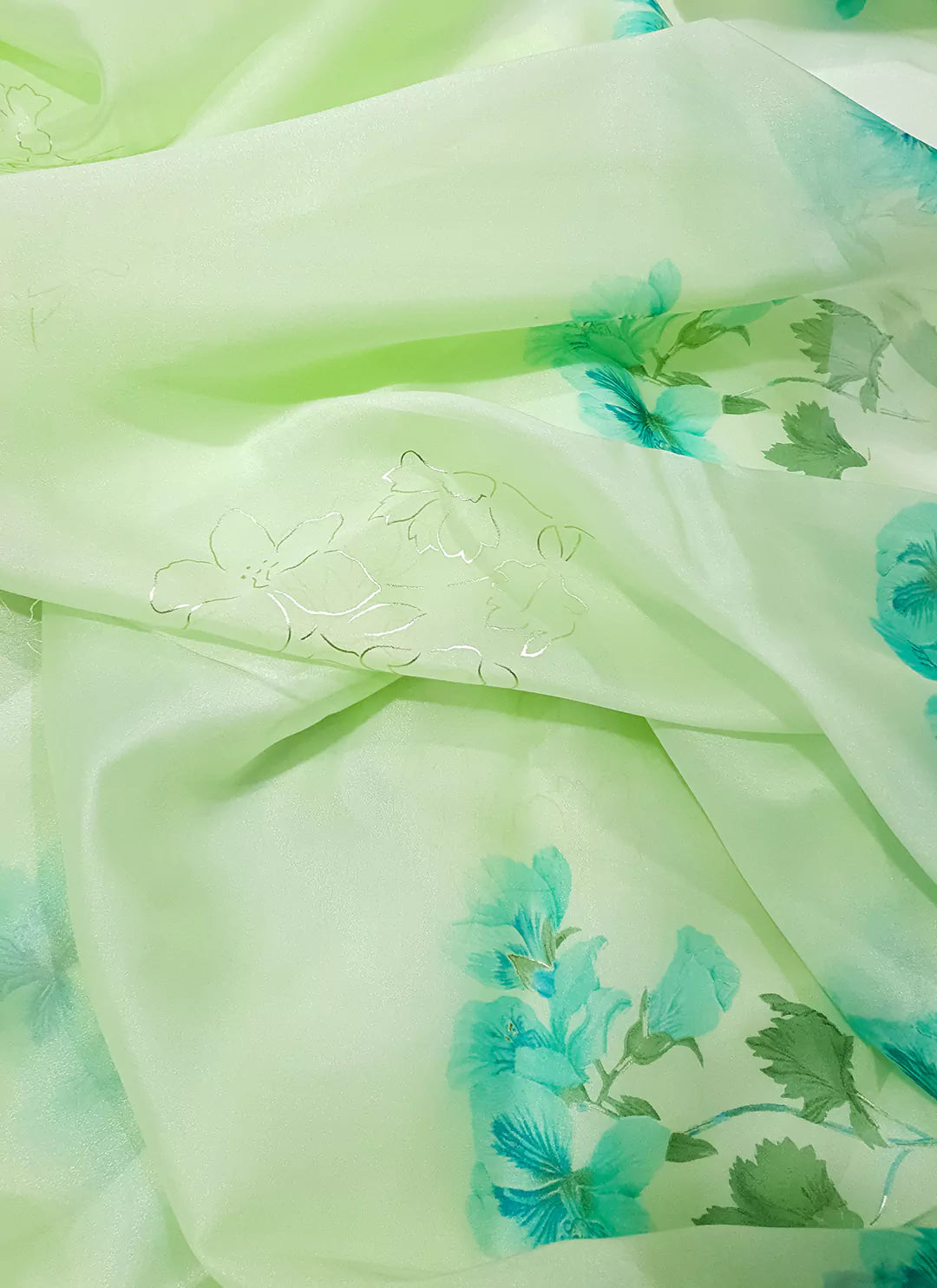 Floral Print Tea Green Organza Saree - TREEVESTO