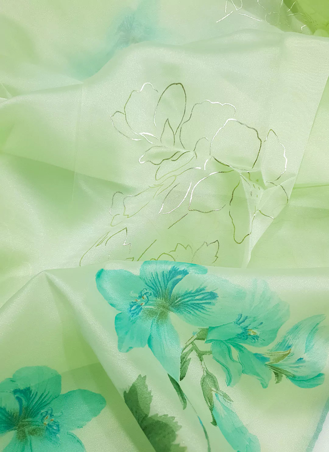 Floral Print Tea Green Organza Saree - TREEVESTO
