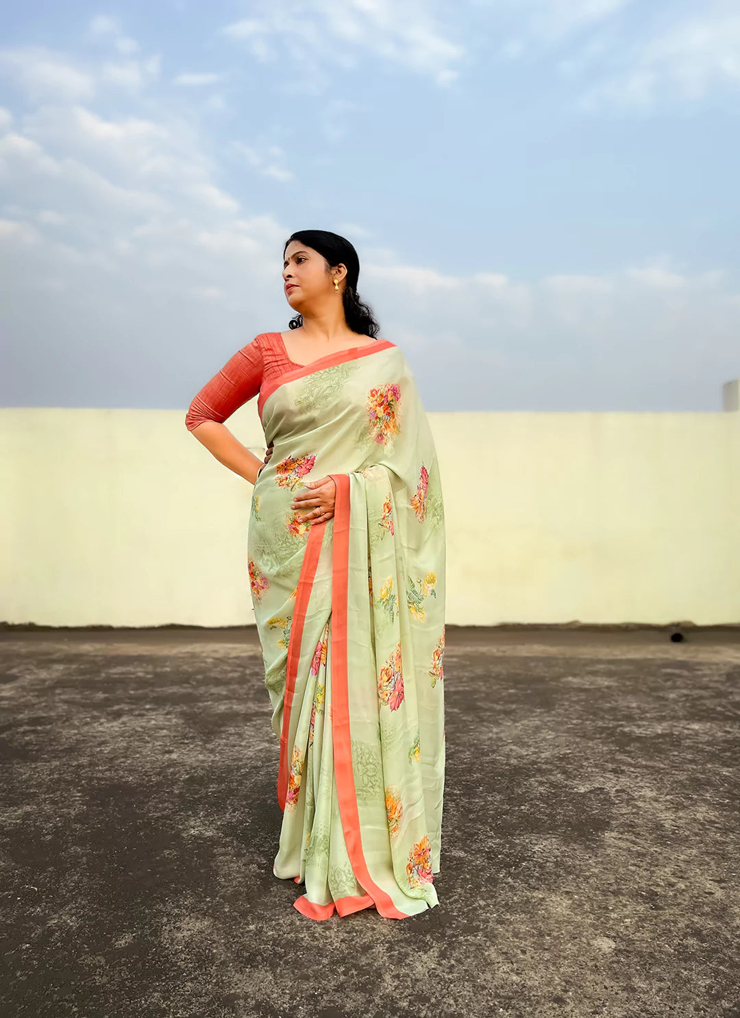 Floral Print Tea Green Soft Satin Silk Saree - TREEVESTO