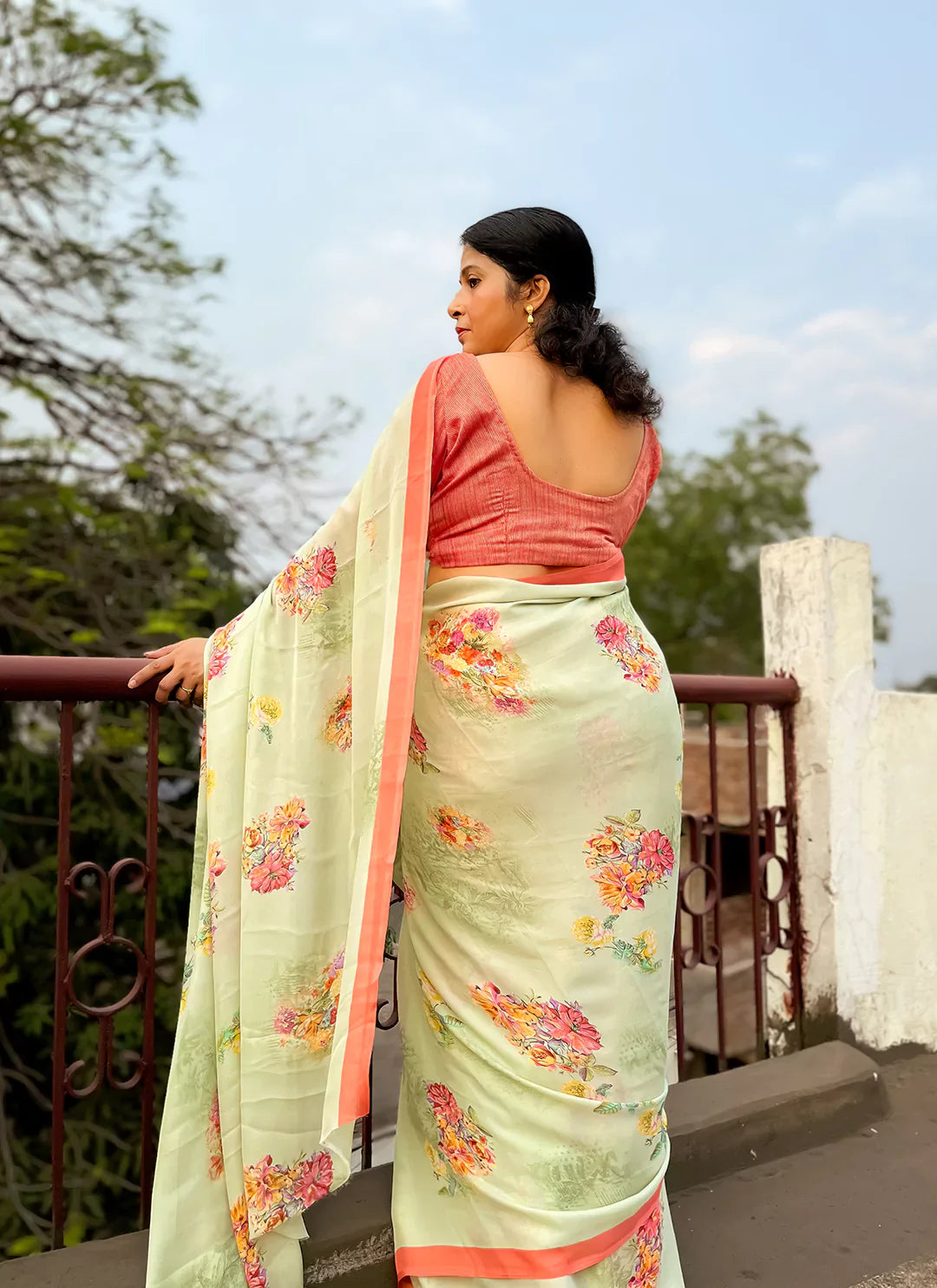 Floral Print Tea Green Soft Satin Silk Saree - TREEVESTO