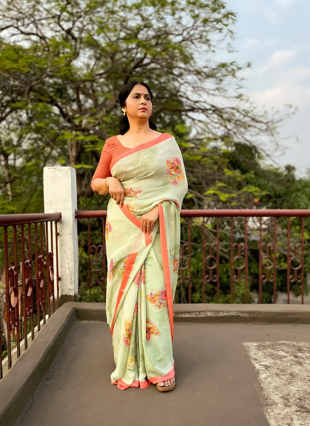 Floral Print Tea Green Soft Satin Silk Saree - TREEVESTO