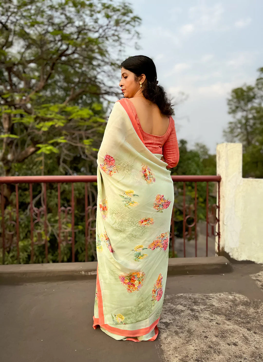 Floral Print Tea Green Soft Satin Silk Saree - TREEVESTO