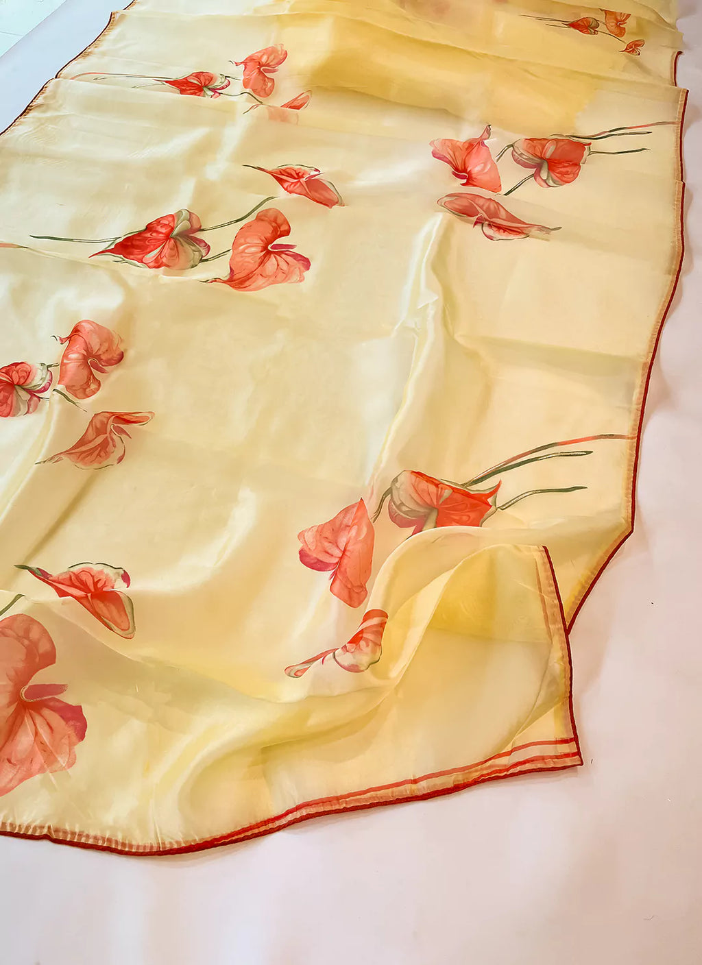 Floral Print Yellow Organza Saree - TREEVESTO