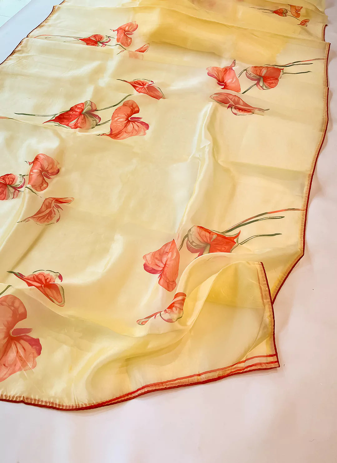 Floral Print Yellow Organza Saree - TREEVESTO