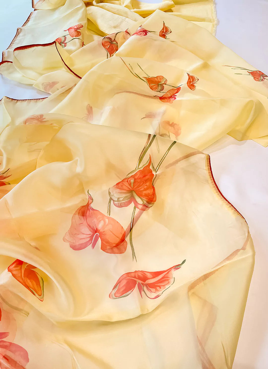 Floral Print Yellow Organza Saree - TREEVESTO