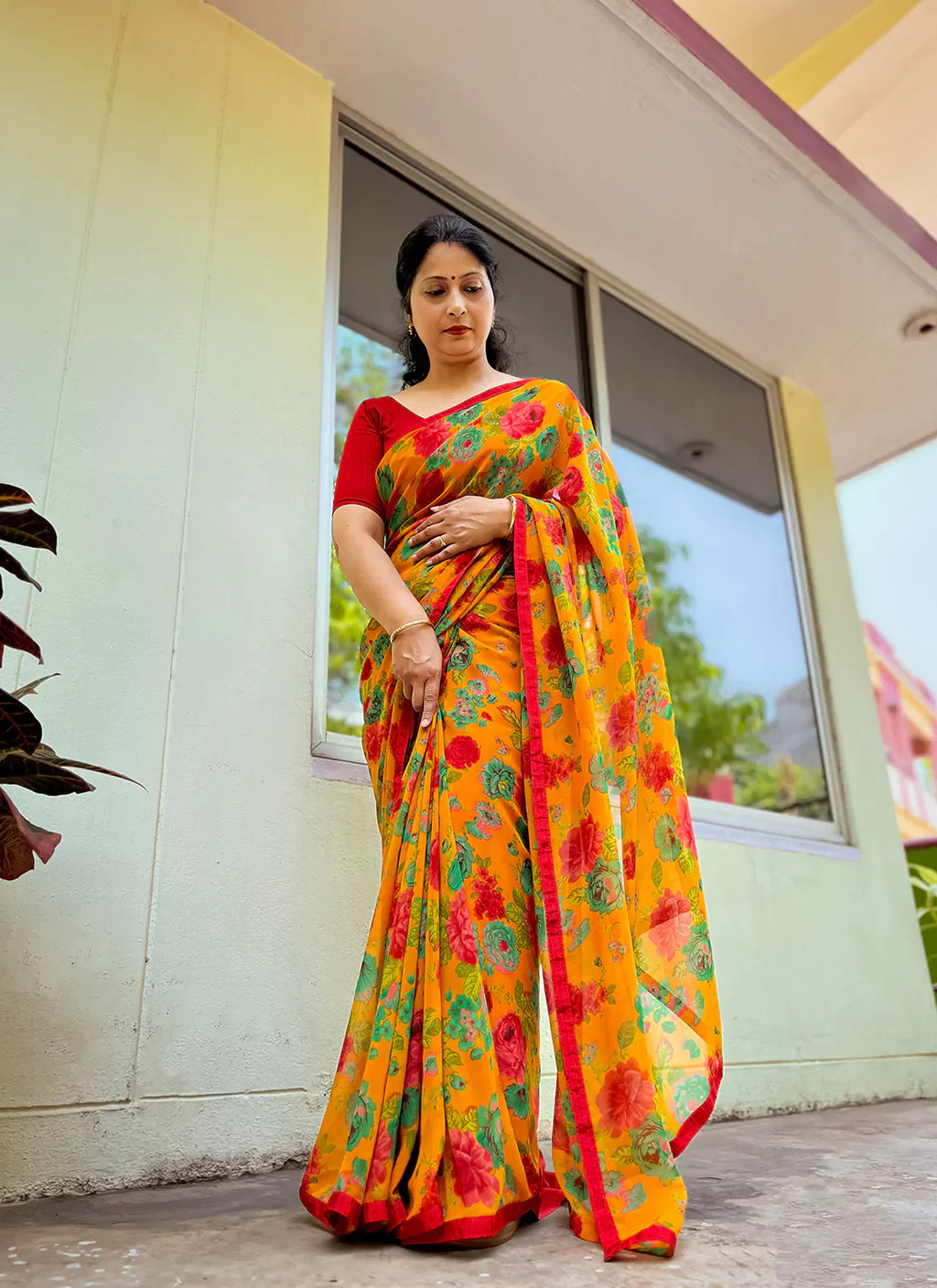 Floral Print Yellow Pure Georgette Saree - TREEVESTO