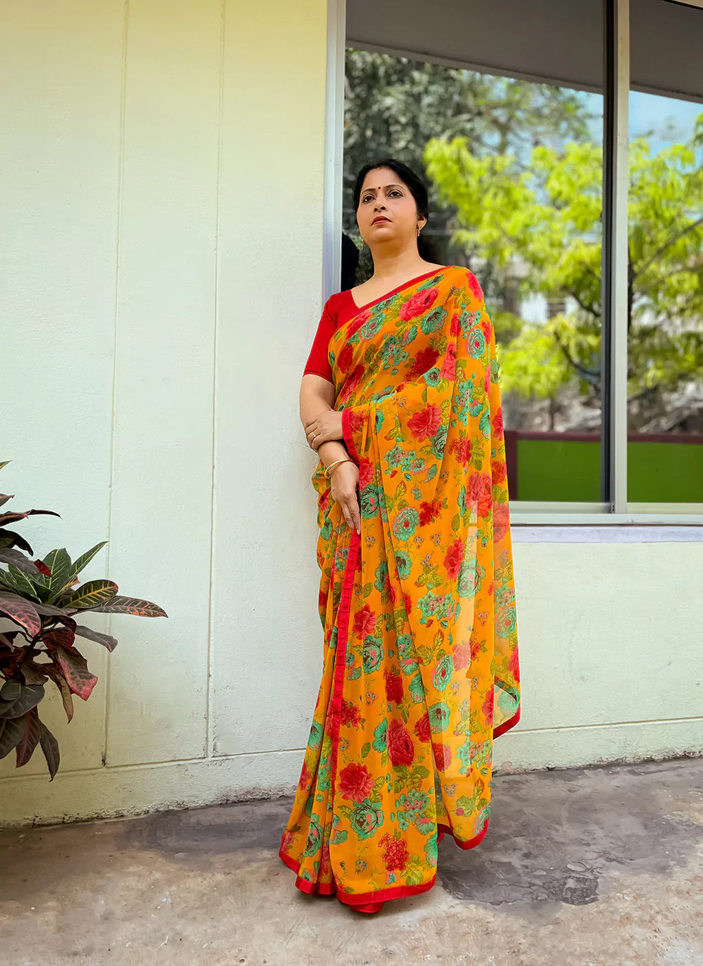 Floral Print Yellow Pure Georgette Saree - TREEVESTO
