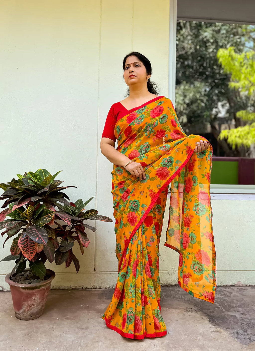 Floral Print Yellow Pure Georgette Saree - TREEVESTO