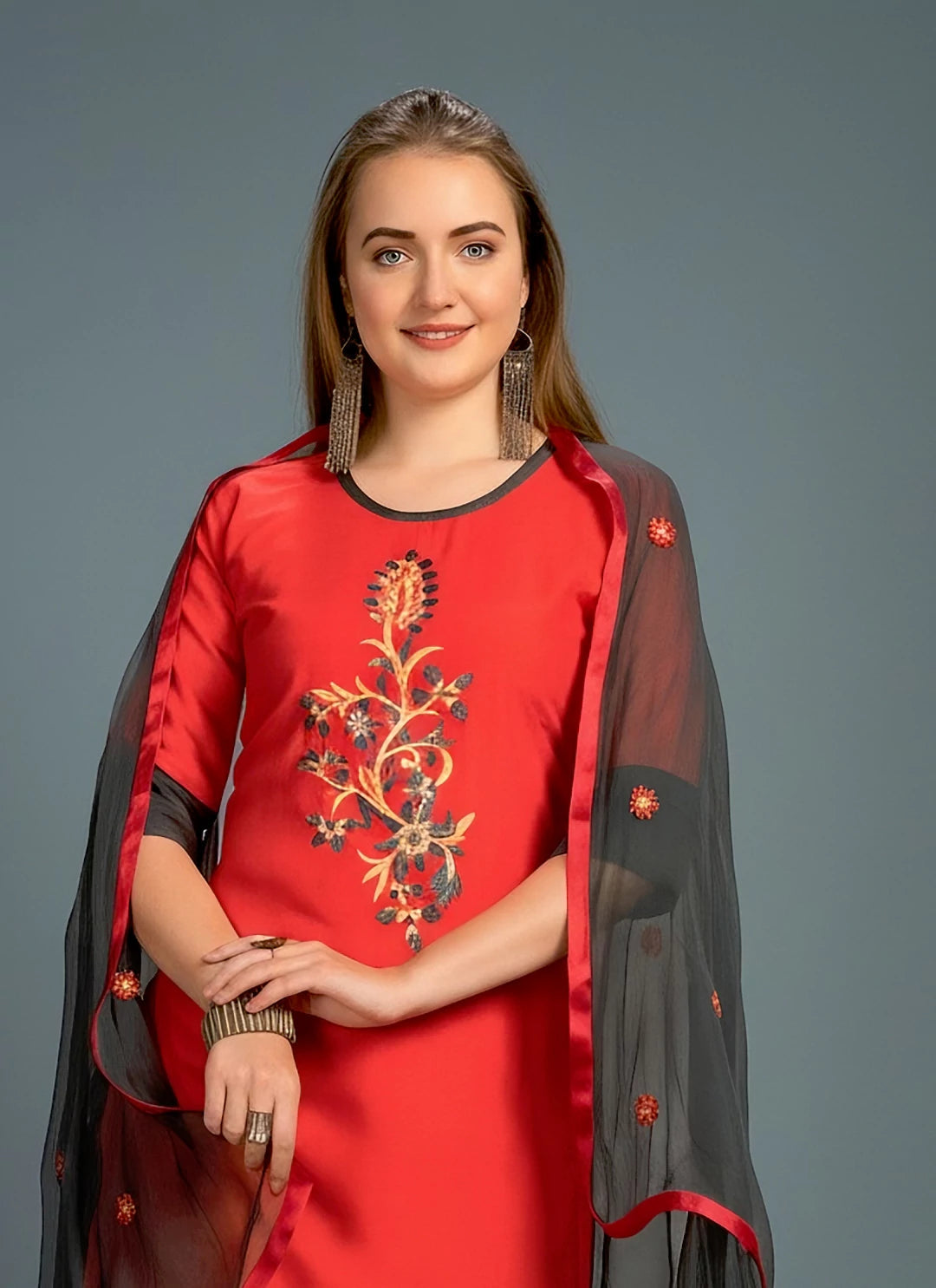 Fluorescent Red Kurta & Grey Palazzo Suit Set With Dupatta  TREEVESTO
