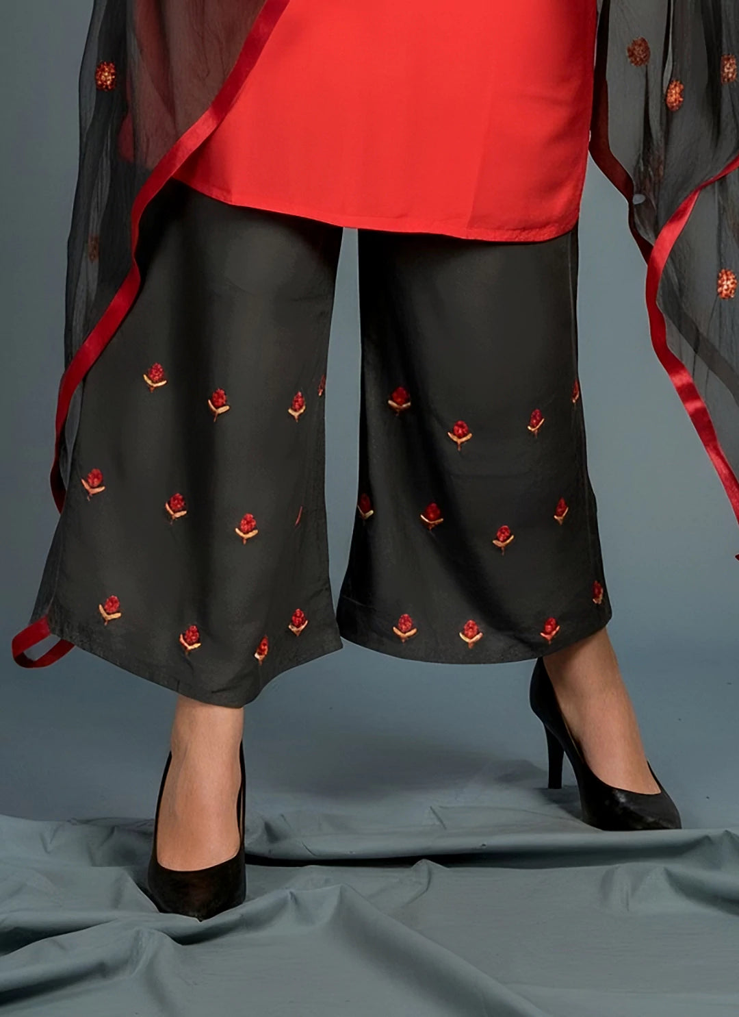Fluorescent Red Kurta & Grey Palazzo Suit Set With Dupatta  TREEVESTO