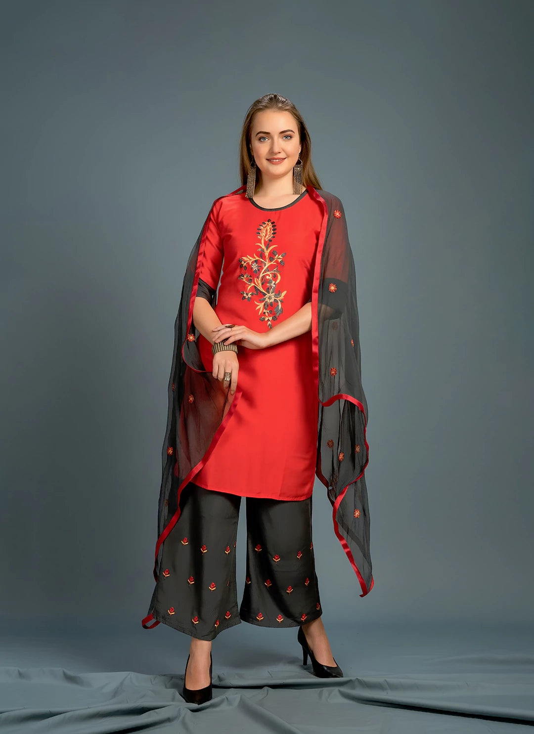 Fluorescent Red Kurta & Grey Palazzo Suit Set With Dupatta  TREEVESTO