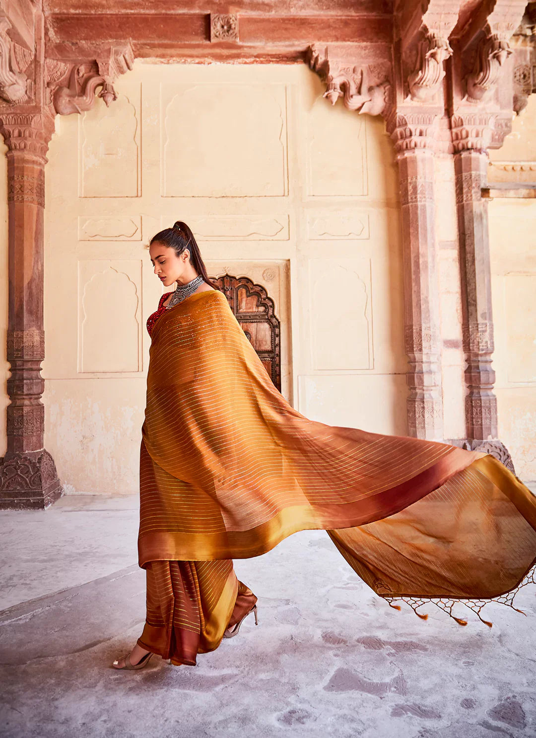 Gold & Brown Ombre Dyed Soft Chiffon Satin Saree - TREEVESTO
