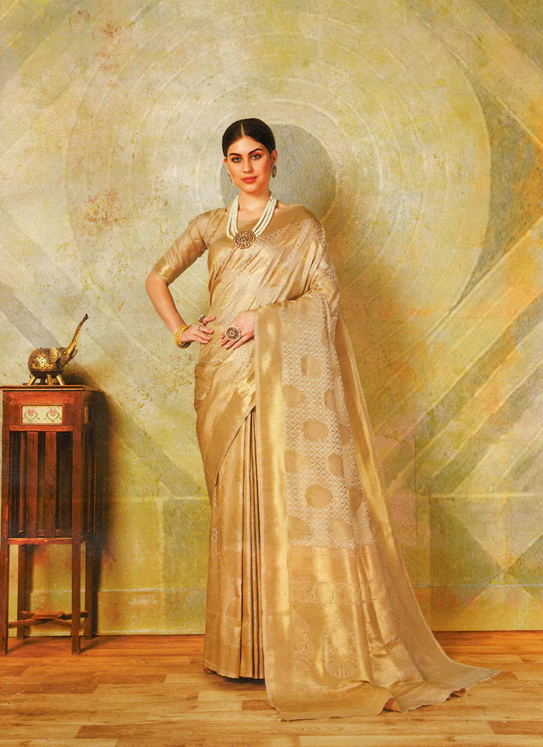 Golden Banarasi Silk Saree With Heavy Pallu - TREEVESTO