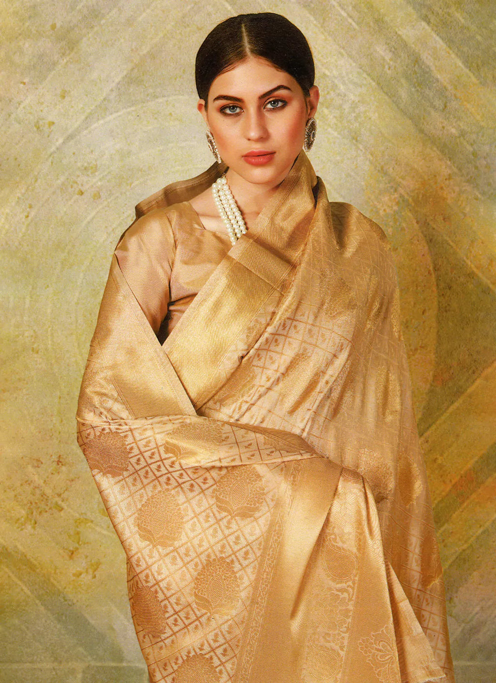 Golden Banarasi Silk Saree With Heavy Pallu - TREEVESTO