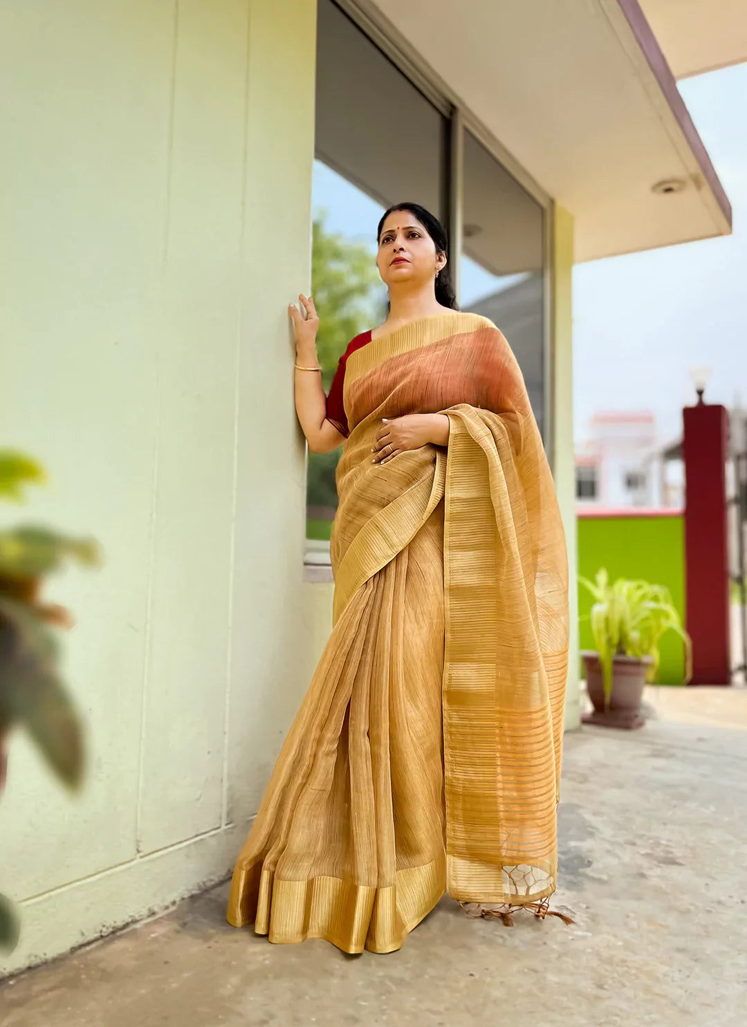 Golden Eri/Ahimsa Silk Saree - TREEVESTO