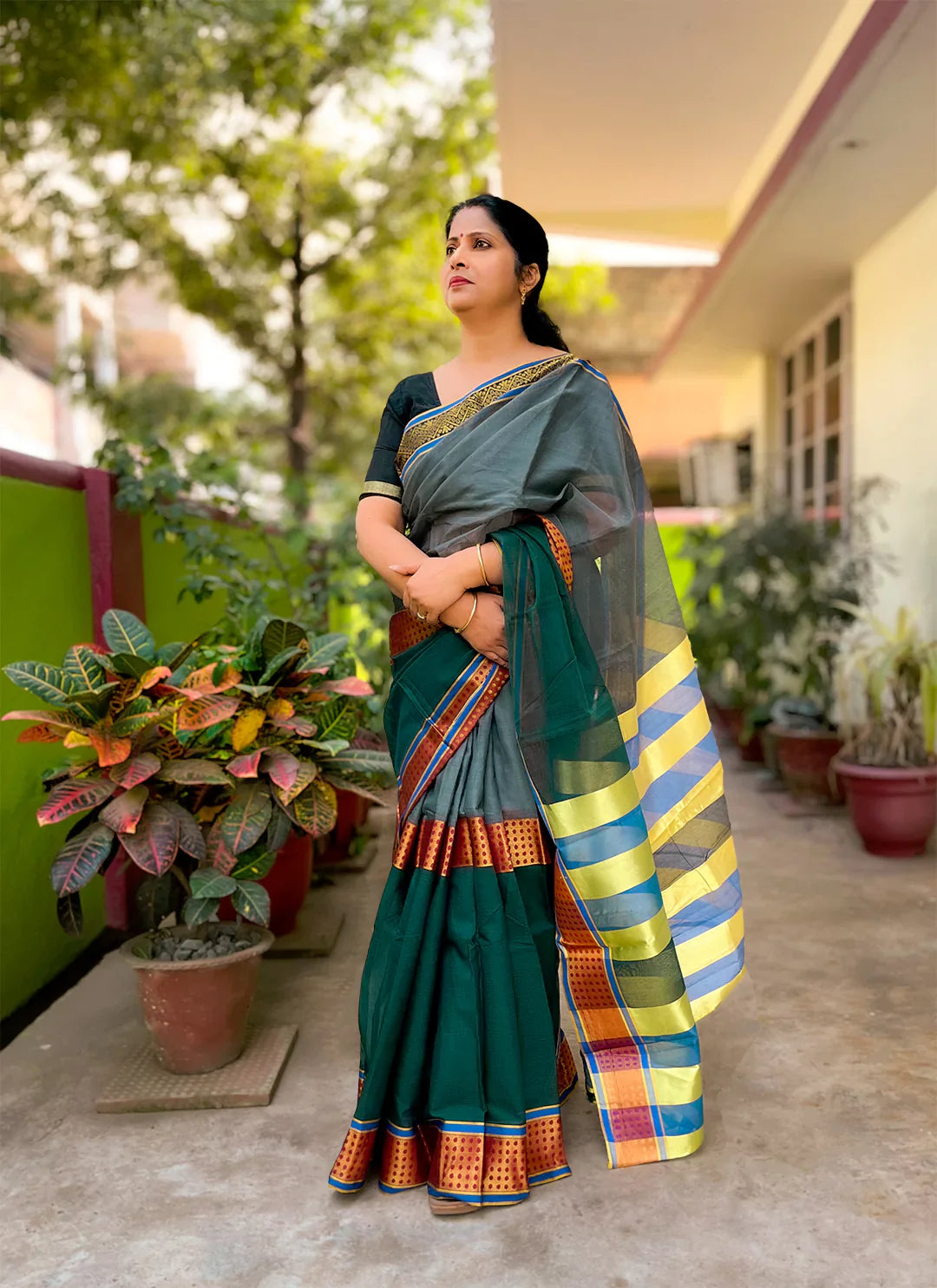 Green And Grey Cotton Silk Saree With Ganga Jamuna Border - TREEVESTO