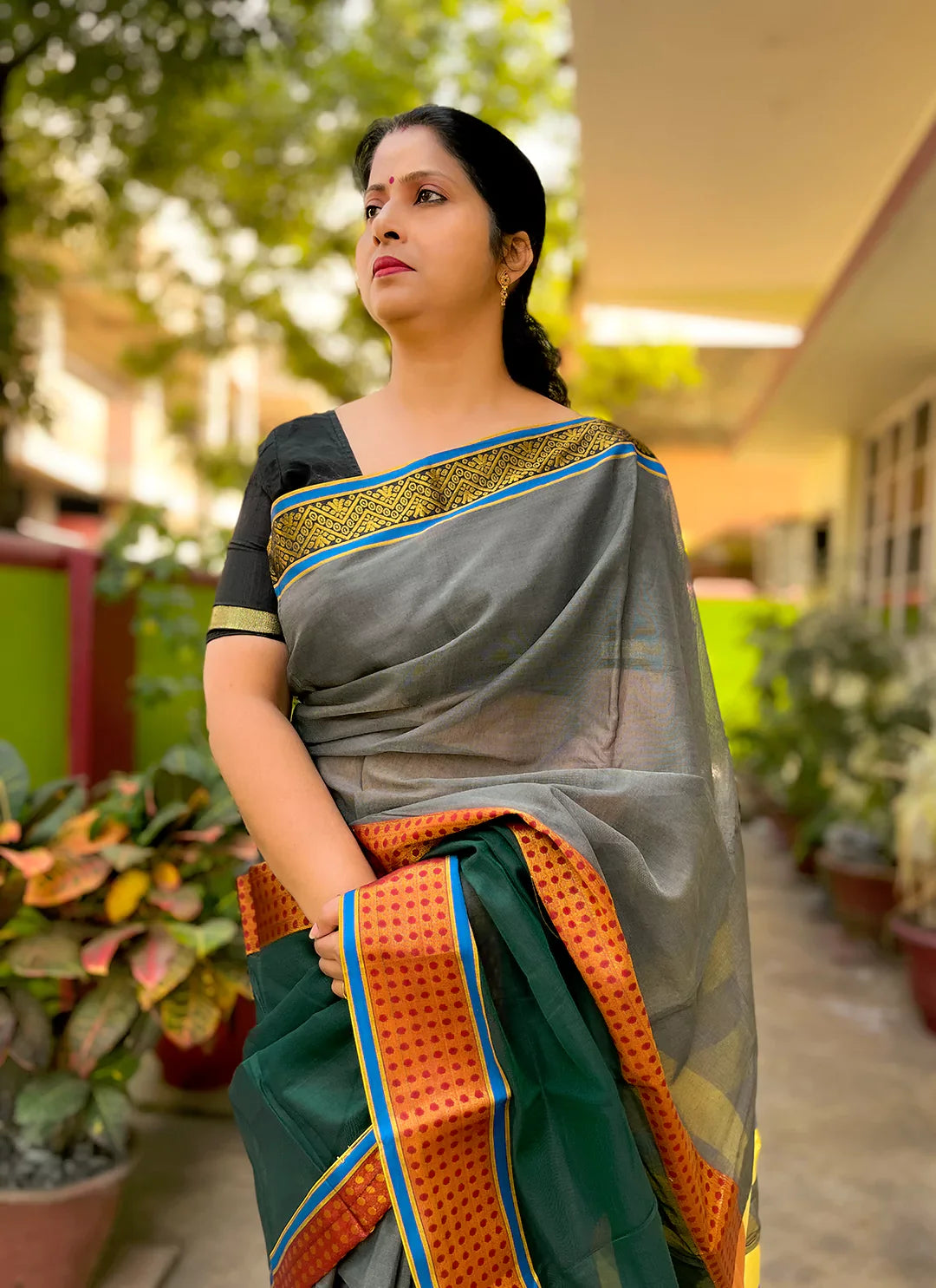 Green And Grey Cotton Silk Saree With Ganga Jamuna Border - TREEVESTO