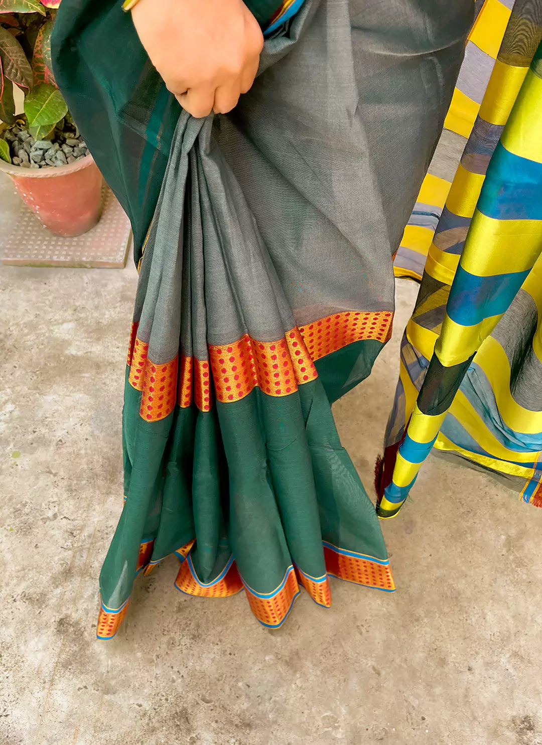 Green And Grey Cotton Silk Saree With Ganga Jamuna Border - TREEVESTO