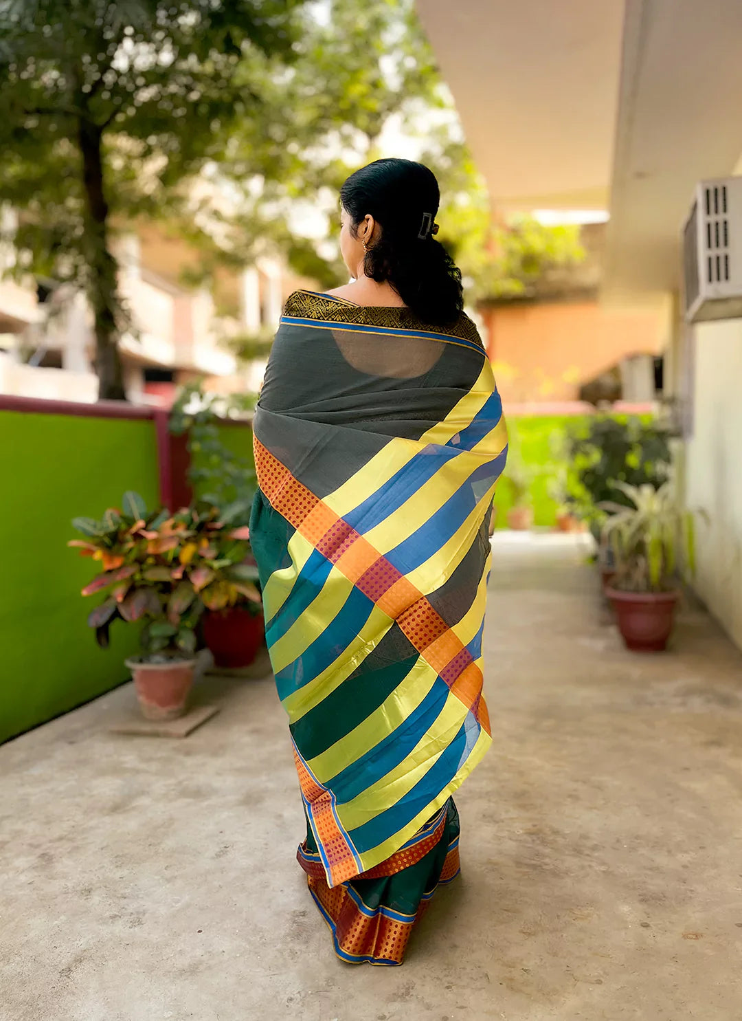 Green And Grey Cotton Silk Saree With Ganga Jamuna Border - TREEVESTO