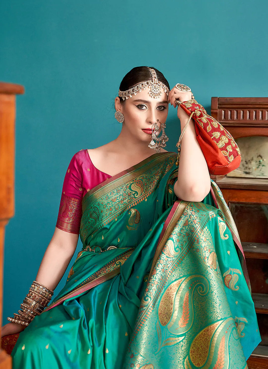 Green Banarasi Silk Saree With Antique Zari Work Paisley Motifs treevesto