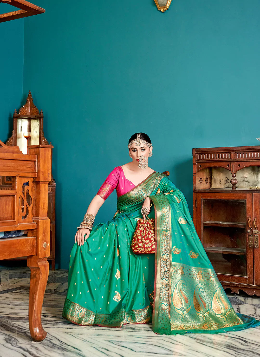 Green Banarasi Silk Saree With Antique Zari Work Paisley Motifs treevesto