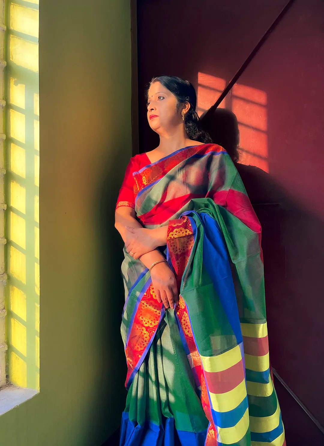 Green Cotton Silk Saree With Zari Work Border - TREEVESTO