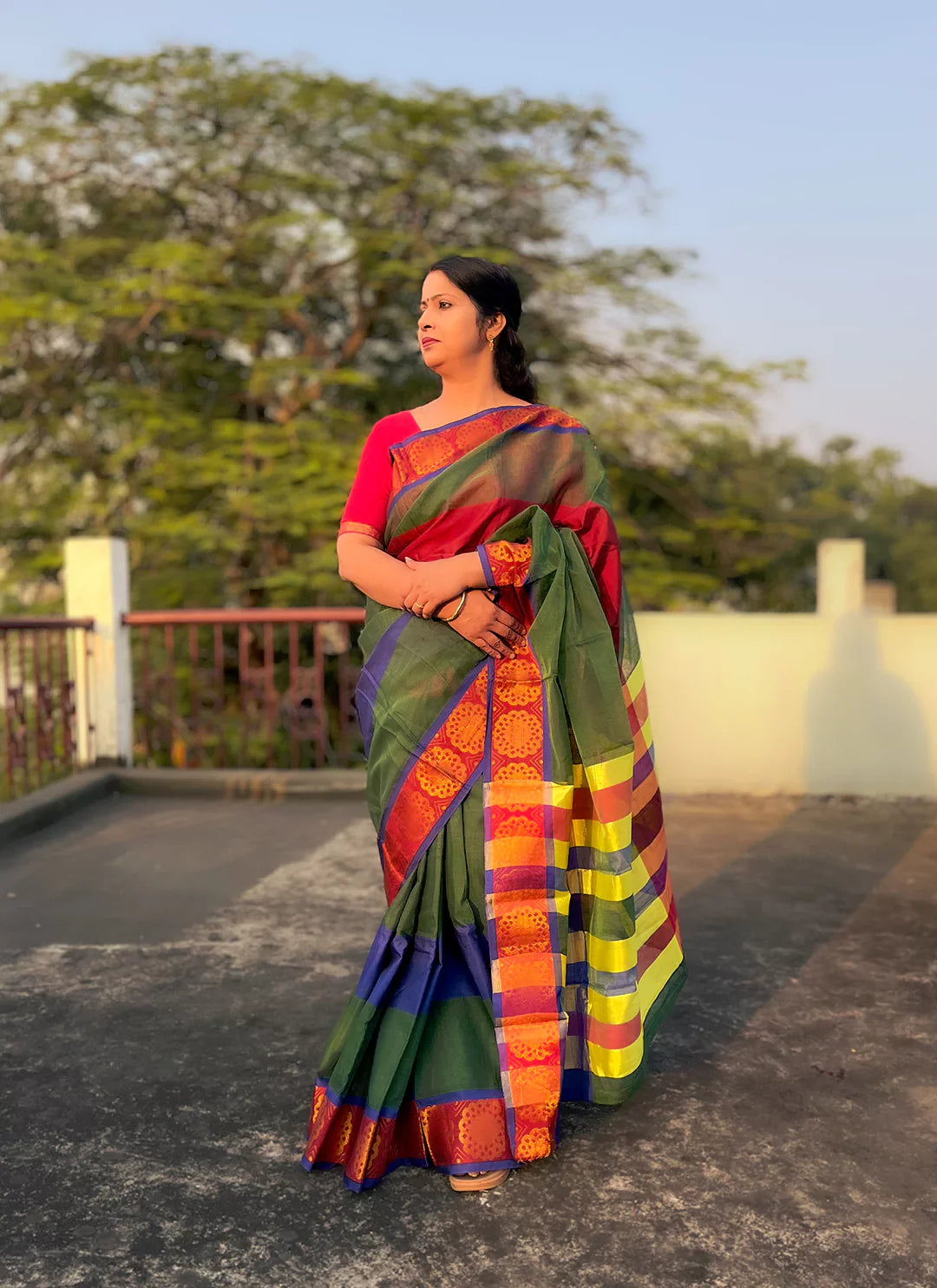Green Cotton Silk Saree With Zari Work Border - TREEVESTO