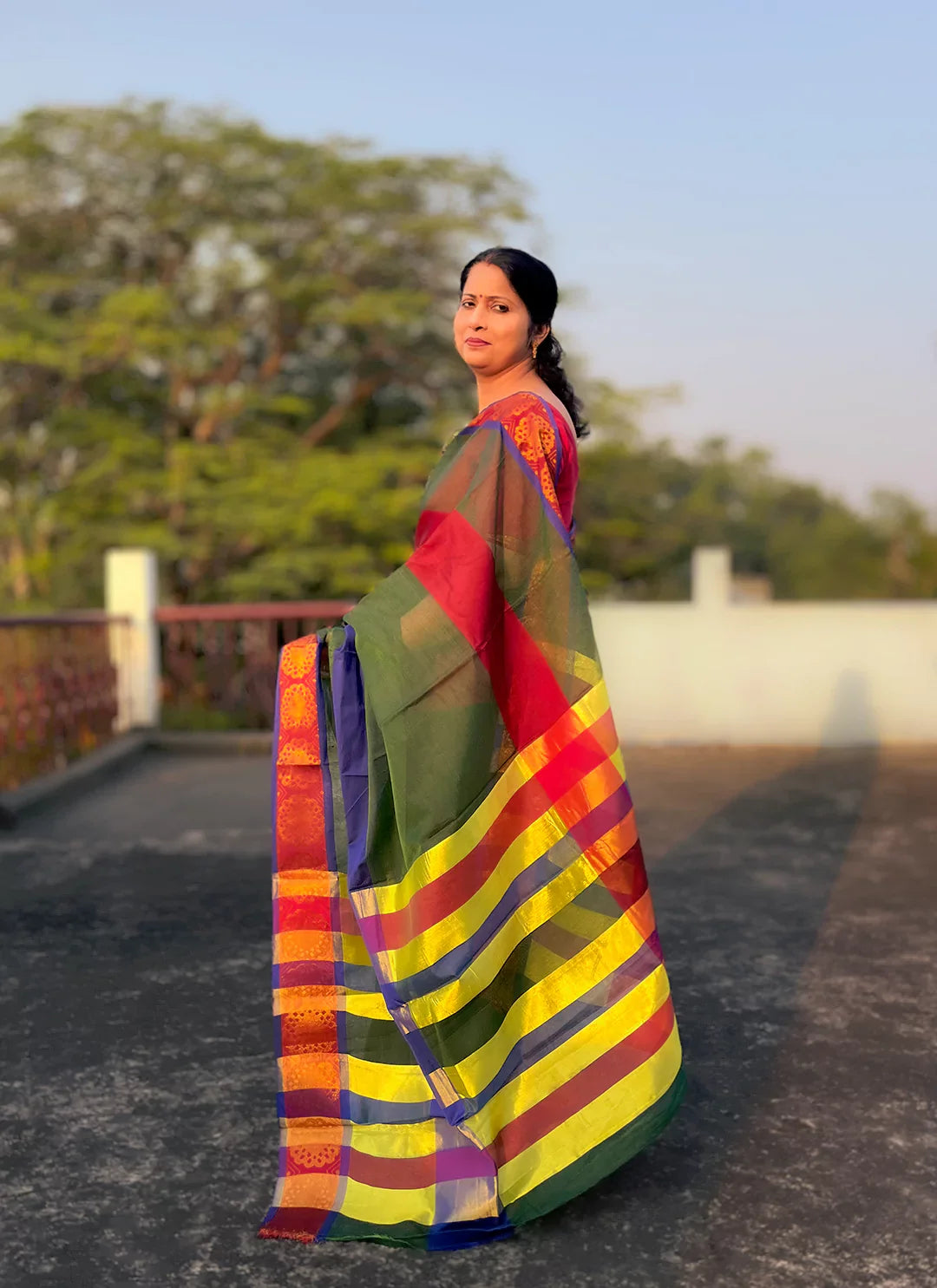 Green Cotton Silk Saree With Zari Work Border - TREEVESTO