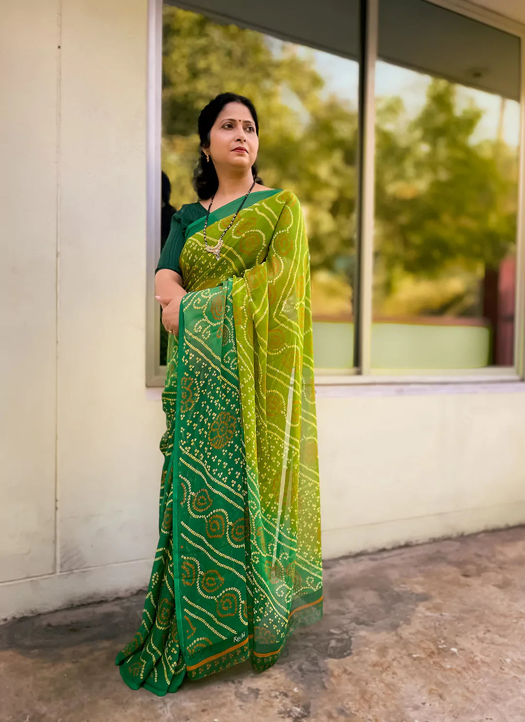 Green Ombre Chiffon Bandhej Saree - TREEVESTO