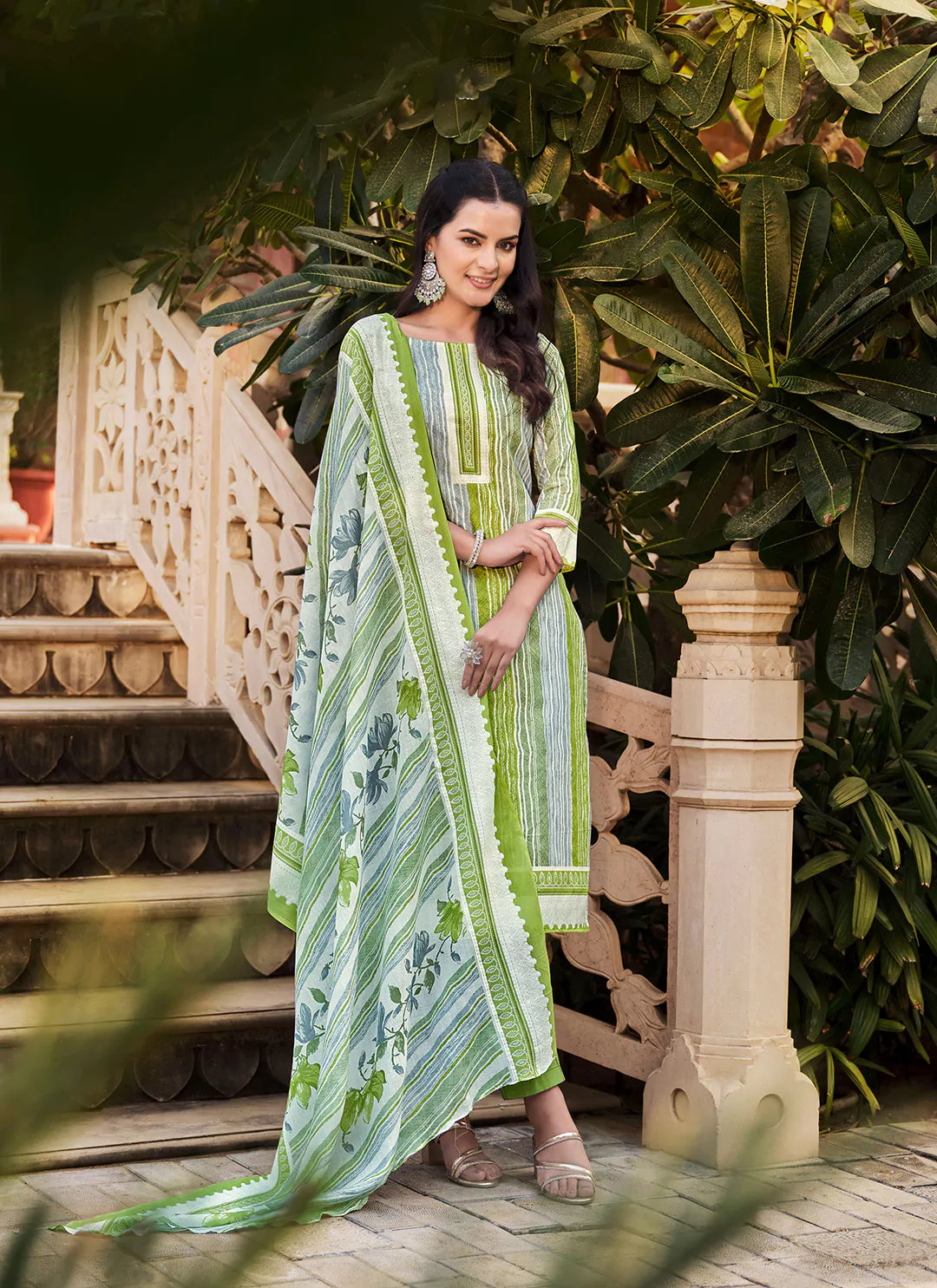 Printed Pure Cotton Green Unstitched Suit With Mul Cotton Dupatta treevesto