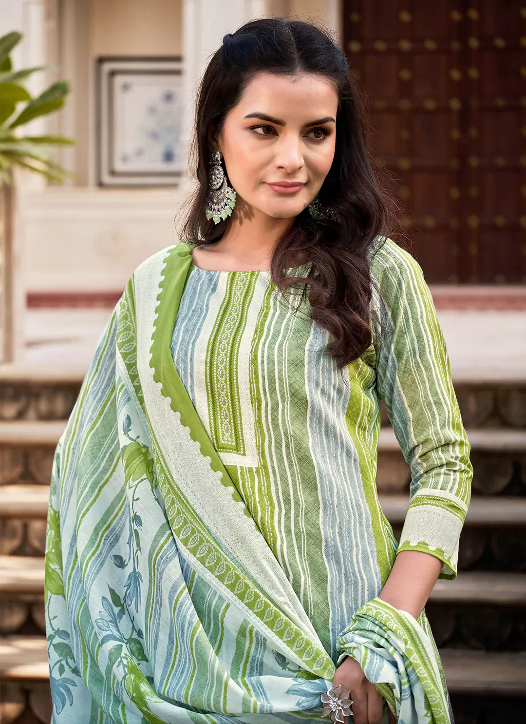 Printed Pure Cotton Green Unstitched Suit With Mul Cotton Dupatta treevesto