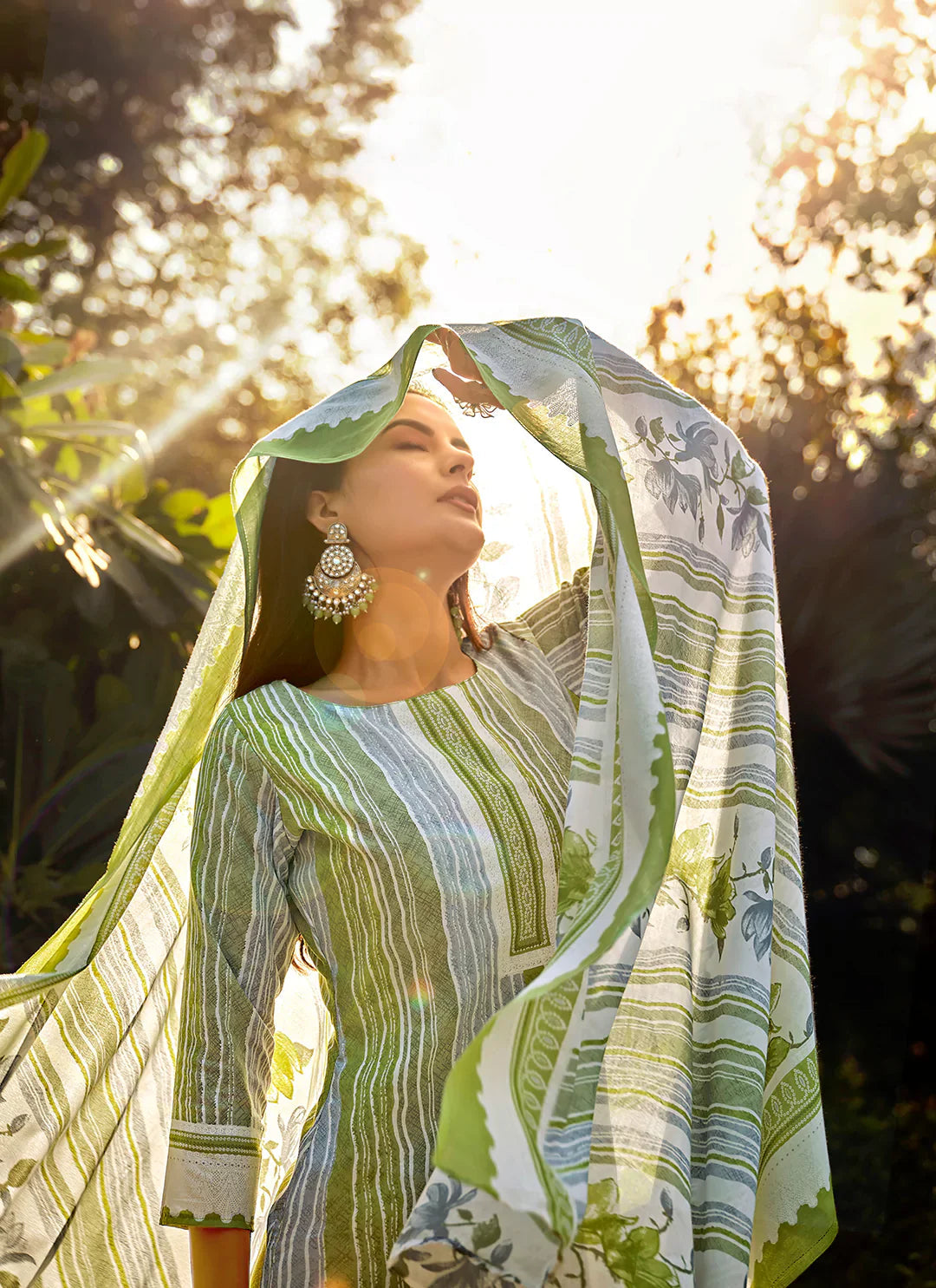 Printed Pure Cotton Green Unstitched Suit With Mul Cotton Dupatta treevesto