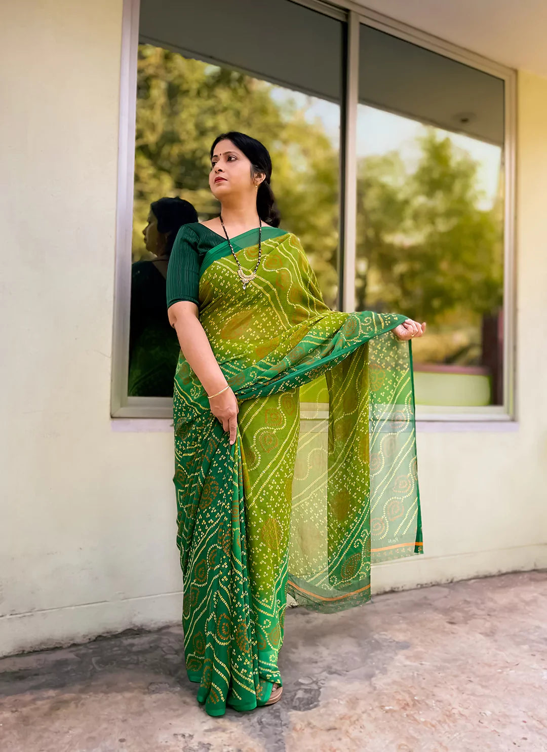 Green Ombre Chiffon Bandhej Saree - TREEVESTO